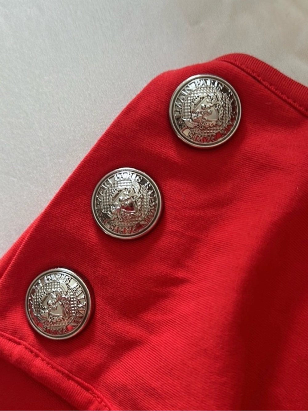 Balmain Red Short-Sleeve Logo Tee with Silver Buttons - Picture 5 of 5
